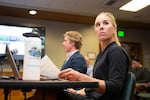 (from left) Brian Rankin and BreAnne Gale answer questions from the dais at a city council work session about the urban growth boundary expansion opportunity on Wednesday, Nov. 20, 2024 in Bend, Ore. The expansion is allowed by a state law that was signed this year and expires on Jan. 2, 2033.