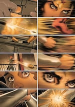An action sequence from "Wonder Woman: Rebirth #10," written by Greg Rucka; art by Nicola Scott; color by Romulo Fajardo, Jr.