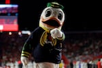 The Oregon Ducks mascot reacts during the first half of an NCAA college football game against Rutgers, Saturday, Oct. 18, 2025, in Piscataway, N.J.