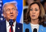 This combination photo shows Republican presidential nominee former President Donald Trump at an event, Aug. 15, 2024, in Bedminster, N.J., left, and Democratic presidential nominee Vice President Kamala Harris at a campaign event in Raleigh, N.C., Aug. 16, 2024.