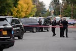 Portland Police Bureau on the scene of a shooting in Southeast Portland that left a wanted suspect and a Portland Police Bureau K-9 dead, Sept. 24, 2026.