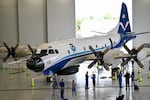 A NOAA WP-3D Orion Hurricane Hunter research plane sits in a hangar at the National Oceanic and Atmospheric Administration's Aircraft Operations Center in Lakeland, Florida.