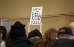 A sign at a special Board of Trustees meeting regarding campus public safety polices at Portland State March 7, 2018.