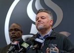 FILE: Portland Public Schools Superintendent Guadalupe Guerrero  speaks at a press conference at the PPS district headquarters in Portland, Ore., Nov. 1, 2023. Guerrero has announced he will not seek another contract extension with the district.