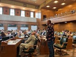 Rep. Mark Owens, R-Crane, encourages his colleagues on the House floor to vote for House Concurrent Resolution 13 to make the T-bone the state steak. Owens, who works in agriculture, is wearing a shirt covered in T-bone steaks.