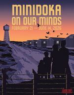 The headline image of the "Minidoka on Our Minds" exhibition at the Japanese American Museum of Oregon, adapted from the WPA-style poster co-designed by Erin Shigaki, Eugene Tagawa and Marie Okuma Johnston.