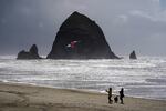 Beachgoers walk a dog and fly a kite as they near Haystack Rock, Monday, April 4, 2022, in Cannon Beach, Ore. Formed by lava flows from the Blue Mountains and Columbia Basin, it is a popular tourist attraction towering 235 feet and is home to the state's largest tufted puffin colony.