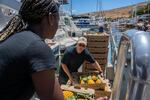 John Picard and his wife Maryam lost their home in Lahaina in the wildfire. They have slept in their vehicle for two nights and have been separated from their 13-year old daughter for 2 days. They are helping load donated pineapples onto a boat, the Reef Explorer which will be distributed in Lahaina. Jennifer Kogan, tour operator, offered to give them a ride to be reunited with their daughter.