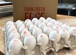 A flat of Grade A large eggs sits in the kitchen at Bella's Italian Bakery in Portland, Ore. on March 5, 2025.