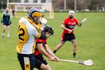 Duck! David Dodson smacks a ball out from goal during the 2018 season-opening hurling tournament in Tacoma.