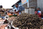 Crunchy caterpillars on sale in a market in Kinshasa.