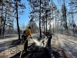 Firefighters work the Golden Fire in Klamath County, Ore., Monday, July 24, 2023, in this photo provided by the Oregon Department of Forestry.