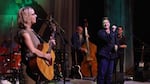 Laura Veirs (left) and k.d. lang (right) in the case/lang/veirs studio session.