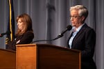 A tense moment as the candidates accuse one another of misrepresenting the facts, during the gubernatorial debate between state Sen. Christine Drazan, left, and Gov. Tina Kotek, in Eugene, Ore., at the University of Oregon, on Thursday, Oct. 1, 2026.