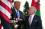 President Trump greets Jordan's King Abdullah at the White House on Tuesday. Trump has proposed that the U.S. take control of Gaza and transfer its population to neighboring countries, possibly Jordan. However, Abdullah said he and other Arab states strongly opposed relocating Palestinians.