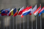 European flags fly at the EU Council building in Luxembourg on April 7.