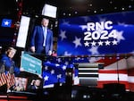 The stage is seen in the Fiserv Forum on the day before the Republican National Convention (RNC) on Sunday in Milwaukee. The RNC will be held in Wisconsin from July 15-18.