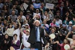 Bernie Sanders raises his fist at his Portland rally on Friday, March 25, 2016.