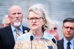 Cleta Mitchell, head of the Election Integrity Network, speaks during a May 2024 news conference outside the U.S. Capitol to introduce the Safeguard American Voter Eligibility (SAVE) Act, which would require proof of U.S. citizenship to register to vote in federal elections. The bill is sponsored by Rep. Chip Roy, R-Texas, who's at left.