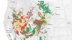 The Bureau of Land Management's tracts where grazing is permitted. Green areas meet environmental benchmarks. Red areas do not. Yellow areas have not been evaluated.