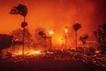 The Palisades Fire ravages a neighborhood amid high winds in the Pacific Palisades neighborhood of Los Angeles, Tuesday, Jan. 7, 2025.