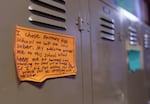 “I chose Harmony High School to help me stay sober,” reads a note on a student locker at Harmony Academy in Lake Oswego, May 5, 2023. Harmony is a recovery high school, the first of its kind in Oregon, where young people 14-21 with substance misuse and co-occurring disorders can access a free education.