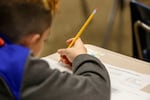 A student at Longwood Middle School in Middle Island, N.Y., takes a math test.