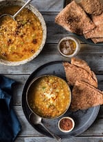 Spicy Ethiopian Red Lentil Soup — made with a complex berbere spice blend — is accompanied by Savory Teff Pancakes, a spongy bread called injera in Ethiopia and Eritrea.
 