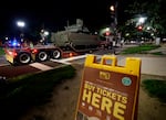 A Bradley Fighting Vehicle is moved to be unloaded at West Potomac Park on June 10 in Washington, D.C.
