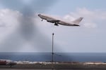 A Spanish government plane takes off with passengers from the hantavirus-stricken cruise ship MV Hondius at the airport in Tenerife, Canary Islands, Spain, Sunday, May 10, 2026.