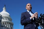 U.S. Minority Leader Hakeem Jeffries (D-NY) speaks to reporters outside of the U.S. Capitol on October 16, 2025.