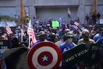 Dueling demonstrations gather in downtown Portland, Ore., Aug. 22, 2020. Groups like Proud Boys and Patriot Prayer showed up downtown to oppose monthslong demonstrations by Black Lives Matter supporters and anti-fascists.