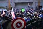 Dueling demonstrations gather in downtown Portland on Saturday, Aug. 22, 2020. Groups like Proud Boys and Patriot Prayer showed up to oppose monthslong demonstrations against systemic racism and police brutality.