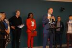 Oregon State Treasurer Tobias Read (right) at a news conference with Nkenge Harmon Johnson (center), president and CEO of Urban League of Portland and U.S. Sen. Ron Wyden (left) at a news conference at the Albina Library in Portland on Friday, March 13, 2026 warning voters about election supression.