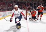 Alex Ovechkin of the Washington Capitals celecrates after scoring against the Philadelphia Flyers on April 16, 2024, in Philadelphia. He entered the NHL in 2005 and is now in his 20th season.