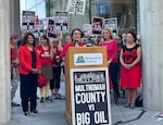 Multnomah County Chair Jessica Vega Pederson speaks at a press conference June 22, 2023, announcing the county's lawsuit against fossil fuel companies in Portland, Ore., Thursday, June 22, 2023. The county is suing 17 oil and gas companies, alleging the burning of their products contributed to a deadly heat wave in 2021.