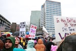 Demonstrators march through the rain at Women's March Portland on Saturday, Jan. 21, 2017.