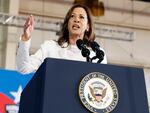 Vice President Harris, the Democratic presidential nominee, speaks during a campaign rally at Detroit Metropolitan Airport on Wednesday.