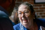 Betsy Johnson, an unaffiliated candidate for governor, talks with bar and restaurant owners about issues they have faced in downtown Portland, Oct. 17, 2022.