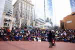 People gather for a #MeToo event at Pioneer Courthouse Square.