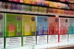 Varieties of disposable flavored electronic cigarette devices manufactured by EB Design, formerly known as Elf Bar, are displayed at a store in Pinecrest, Fla., Monday, June 26, 2023.