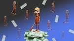 This collage shows an AI character named Tung Tung Sahur, which looks like a tree trunk with a face and limbs and is carrying a wooden bat, while standing on a pile of $100 bills. Multiple smaller versions of the character are in the background, along with falling $100 bills.