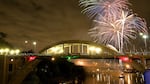 Fireworks light up the sky over the Oregon City Arch Bridge.