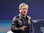 Jensen Huang, co-founder and CEO of NVIDIA, a chip maker, speaks during the Hon Hai Tech Day in Taipei, Taiwan, on Oct. 18, 2023. NVIDIA shares have surged this year as investors have been eager to bet on artificial intelligence.