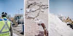 Left: Workers monitor the 150 precipitation pools at the Albemarle mine. Center and right: Salt, a byproduct of the brine evaporation process, is piled up at the Albemarle lithium mine in the Atacama Desert on Aug. 24.