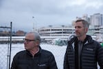 Columbia Sportswear CEO Tim Boyle and Portland Mayor Ted Wheeler attend the groundbreaking ceremony for the new Harbor of Hope homeless center in Portland, Ore., Tuesday, Feb. 5, 2019.