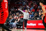 Portland Trail Blazers head coach Micah Nori directs players during the first half of an NBA basketball game against the London Lions on Monday, Oct. 12, 2026, in Portland, Ore.
