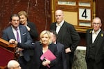 French far-right leader Marine Le Pen arrives to deliver her speech at the National Assembly prior to a no-confidence vote in the National Assembly in Paris.