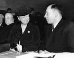 Mrs. Eleanor Roosevelt, in conversation with Mr. Vassill Kuznetsov, a member of the soviet delegation, at the Central Hall, Westminster in London, Jan. 11, 1946 where the General Assembly of the United Nations met for their second session.