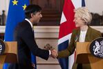 British Prime Minister Rishi Sunak (left) and European Commission President Ursula von der Leyen shake hands after a news conference at Windsor Guildhall, Windsor, England, Monday. The U.K. and the European Union ended years of wrangling, sealing a deal to resolve a dispute over Northern Ireland.